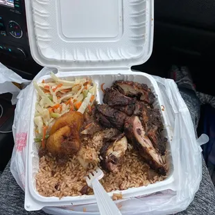 Jerk Chicken, Rice n Peas &amp; Cabbage