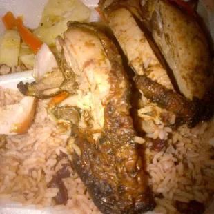 Jerk chicken. As you can see, they skimped on my cabbage.