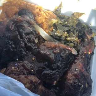 Jerk Chicken, Rice and Beans, Collard Greens, Sweet Potatoes
