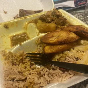 Remnants of my curry chicken, rice &amp; peas,cabbage, and plantains!