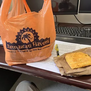 a bag of food on a desk