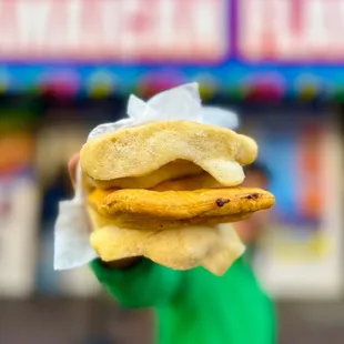 a person holding a sandwich