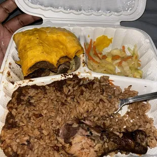 Beef Patties, Jerk chicken and Rice Meal