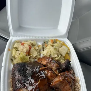 Jerk Pork Lunch with Rice &amp; Peas and Cabbage Medley