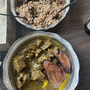 Ox tail with peas and rice. Mutton curry with plantains.