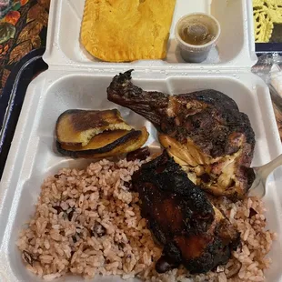 Jerk Chicken, Plantain Bites, meat pie