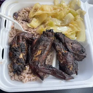 Jerk wing dinner with cabbage and rice with Rice &amp; Peas