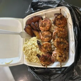 Jerk Shrimp, Plantains, Caribbean Macaroni