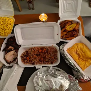 1/4 jerk chicken, beef turnover, small plantains, small Mac and cheese, large rice and beans