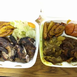 Left: jerk chicken dinner with plantains and cabbage. Right: combo dinner with goat curry, chicken, plantains and yams.