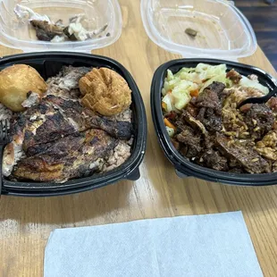 Jerk chicken with Johnny Cakes on the left and Stew chicken with cabbage on the right