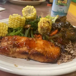 Grill Honey salmon With Rice &amp; Peas &amp; veg