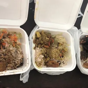 Jerky chicken, curry goat and oxtails.