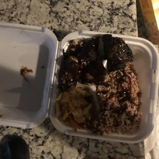 Jerk Chicken, cabbage and rice....spicy but delicious