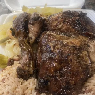 Jerk chicken w/ rice and peas &amp; cabbage