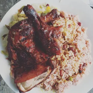 Jerk chicken with rice and peas