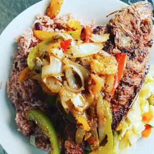 Rice and peas with escovitch fish