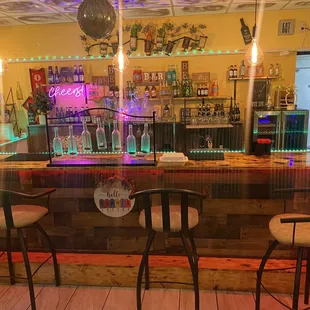 a bar with three stools