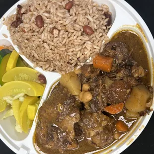 Oxtail rice and peas and stem veg