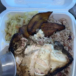 1/4 White chicken meal with rice and beans &amp; cabbage with a side of oxtail gravy
