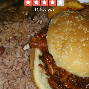 a plate of food with rice and beans