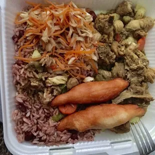 Curry chicken, vegetables, rice &amp; beans, and festival bread.