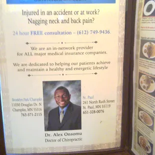 A full page ad for a chiropractor in the middle of the menu!  Really?