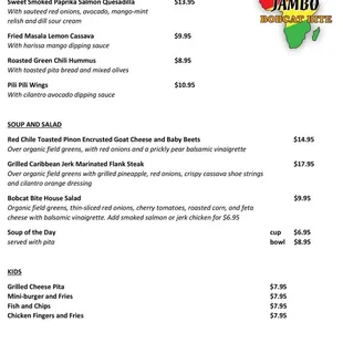 Jambo Bobcat Bite lunch menu, starters, soups, and kids menu. House-made soups, salads, and more