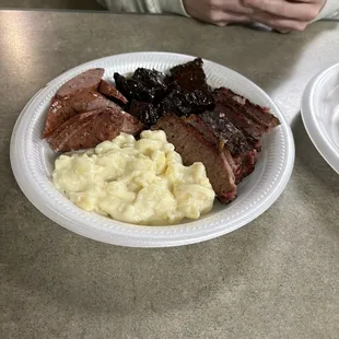 Regular sausage, Sliced brisket, burnt ends, &amp; mac &amp; cheese