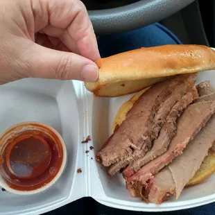 Sliced brisket sandwich.