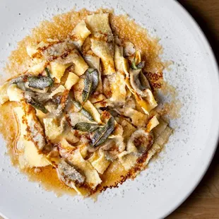 Scarpinocc stuffed with braised beef cheek in brown butter and sage