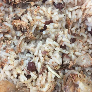 The mushy, spoiled rice underneath my dry jerk meats.