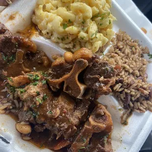 Oxtails, Baked Mac and Cheese, Rice and Peas