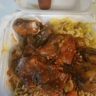 a meal in a styrofoam container
