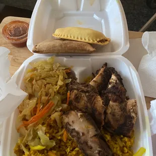Jerk Chicken , Irie rice cabbage and patty