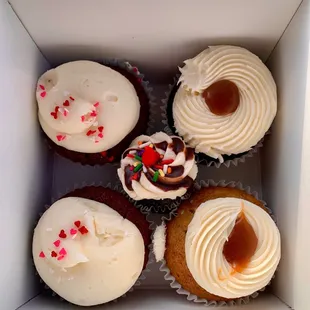2 Red Velvet, 1 Sea Salt Caramel, 1 The Salty Banana, and a mini holiday Cupcake