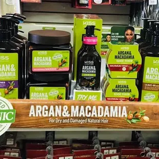 KISS 
ARGAN &amp; MACADAMIA
SHAMPOO, COND, EDGE, &amp; OIL.