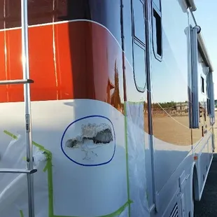 This motor home sustained a gouge in the rear - so we set out to repair it.