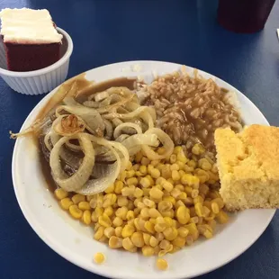 Hamburger Steak lunch special comes with 2 sides, cornbread &amp; dessert. About $7. Drink was $1.75