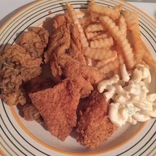 Whiting, Red Snapper and Oyster with French Fries and Macaroni Salad.