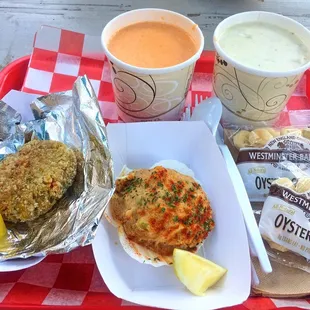 Lobster bisque; clam chowder; double stuffed scallop; double stuffed crab cake