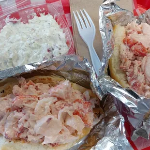 Two lobster rolls and potato salad at James Hook &amp; Co in Boston