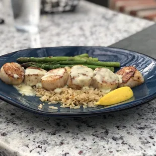 Scallops on a rice pilaf with sautéed asparagus in tarragon creme sauce