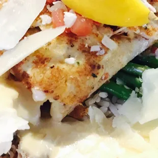Parmesan and crab crusted flounder, rice and asparagus