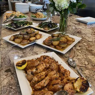 Chicken roulade with fondant potatoes and green beans.