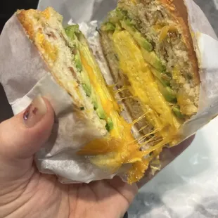 Avocado egg &amp; cheese on their bacon cheddar biscuit