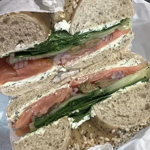 Lox sandwich on an everything bagel