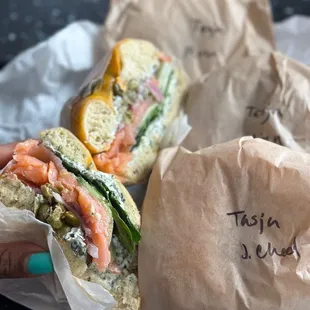 Lox Bagels on a Jalapeño Cheddar Bagel, Toasted, and Cut in Half. Bagels for later