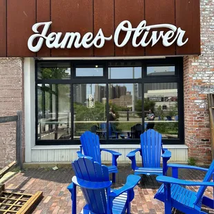 blue adiron chairs outside