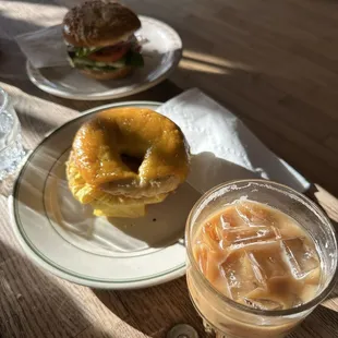 Veggie bagel, bacon egg and cheese bagel, iced latte